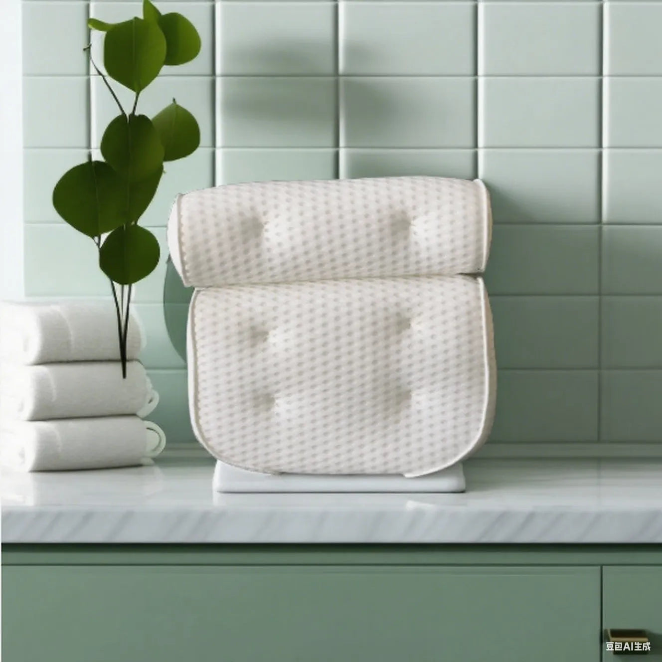 White bathtub pillow with 4D mesh construction and 7 suction cups measuring 37x34cm