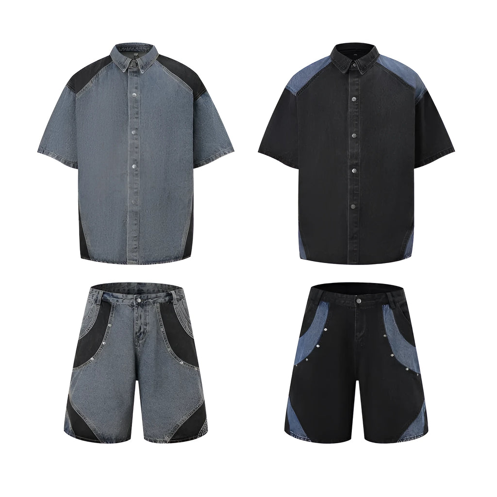 Retro washed denim jacket and shorts set in blue polyvinyl alcohol fibre fabric for summer streetwear