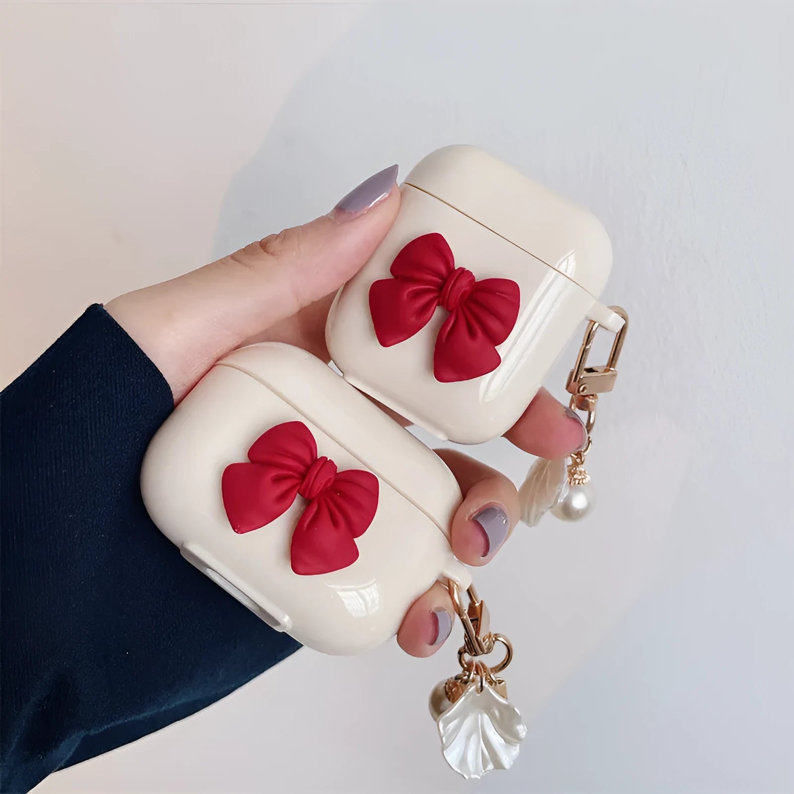 Beige red bow shell TPU clamshell case for AirPods 1, 2, 3 and Pro wireless earphones