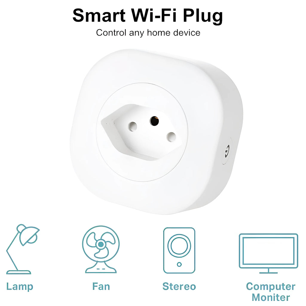 White smart socket plug with dimensions 70x70x72mm showing EU, US, and Swiss plug variants.
