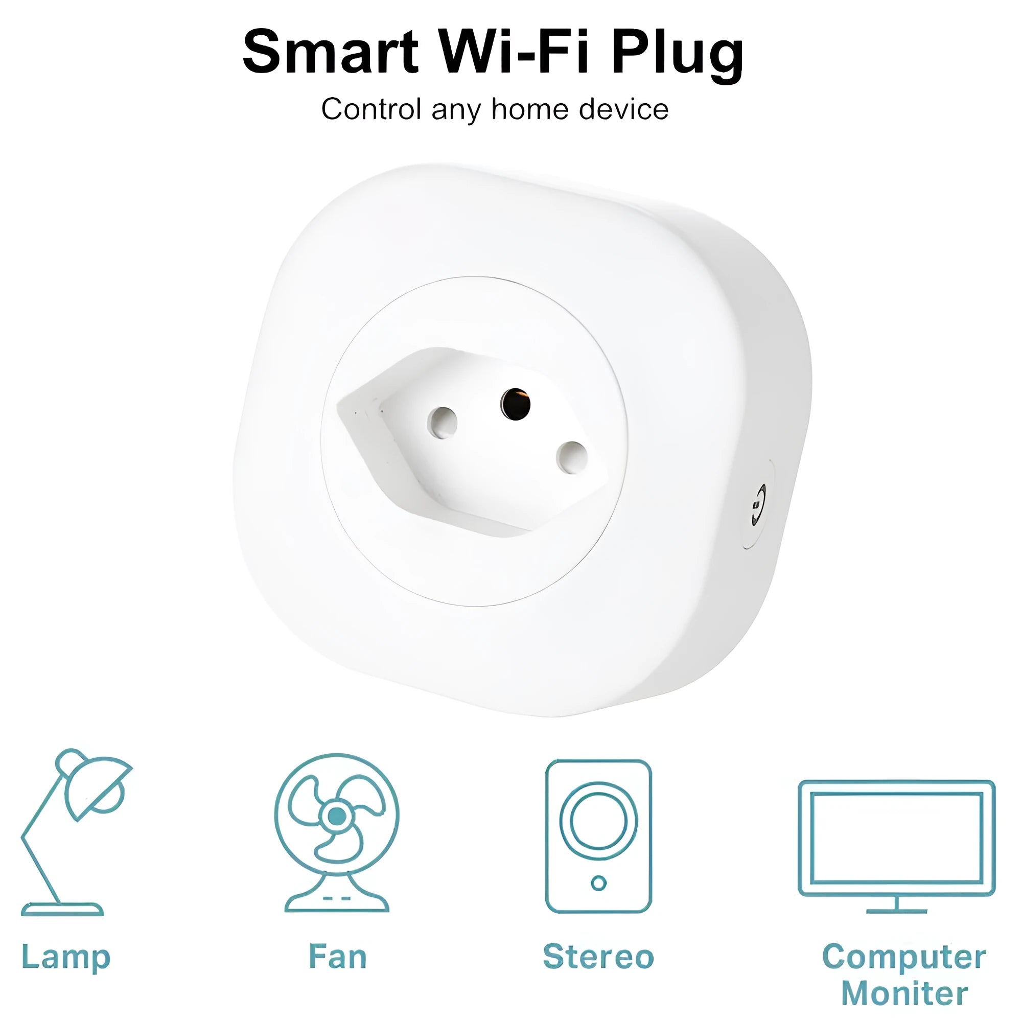 White smart socket plug with dimensions 70x70x72mm showing EU, US, and Swiss plug variants.