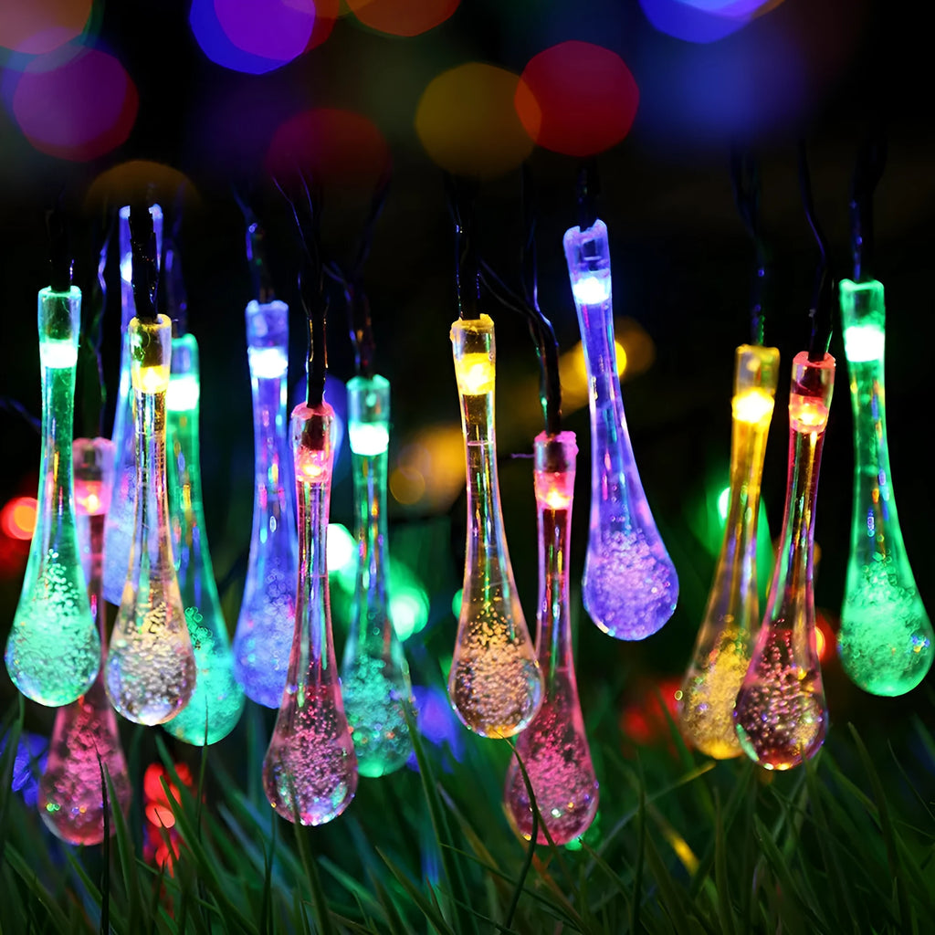 Solar-powered water drops LED string lights for outdoor garden decoration with waterproof design