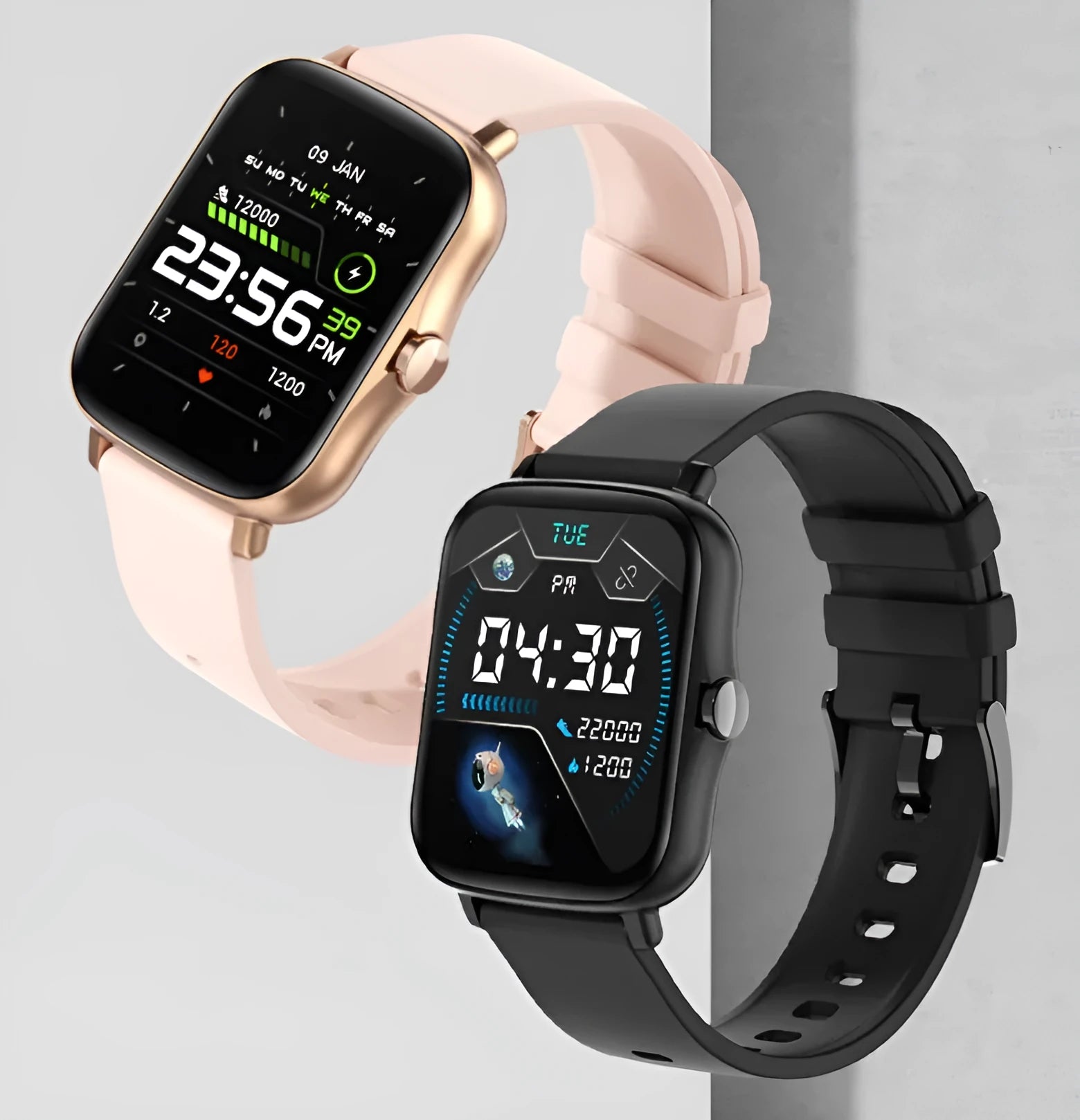 Smart watch with 1.7-inch colour touchscreen on adjustable strap, showing fitness stats interface.