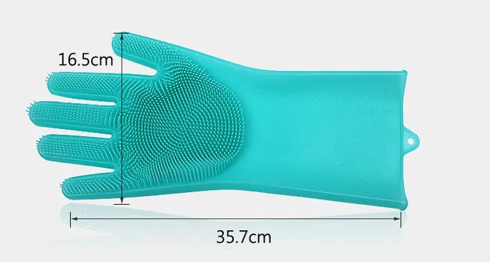 Silicone heat-resistant cleaning brush scrubbing gloves in blue with built-in sponge, non-slip, 357x165mm