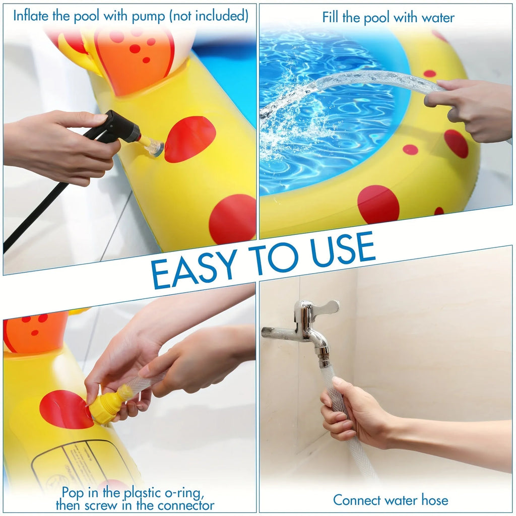 Blue dinosaur-shaped inflatable water spray pool with shark toy inside, placed on garden grass
