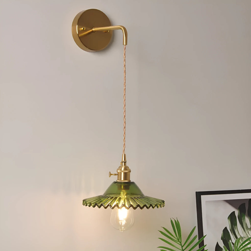 Copper retro brass lotus wall lamp with glass shade in choice of six colours on wall