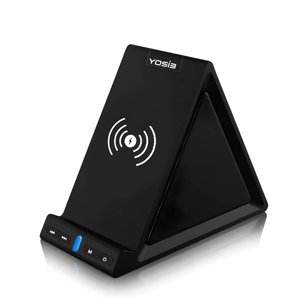 Black multifunctional Bluetooth speaker with integrated phone stand and wireless charging, 165mm width