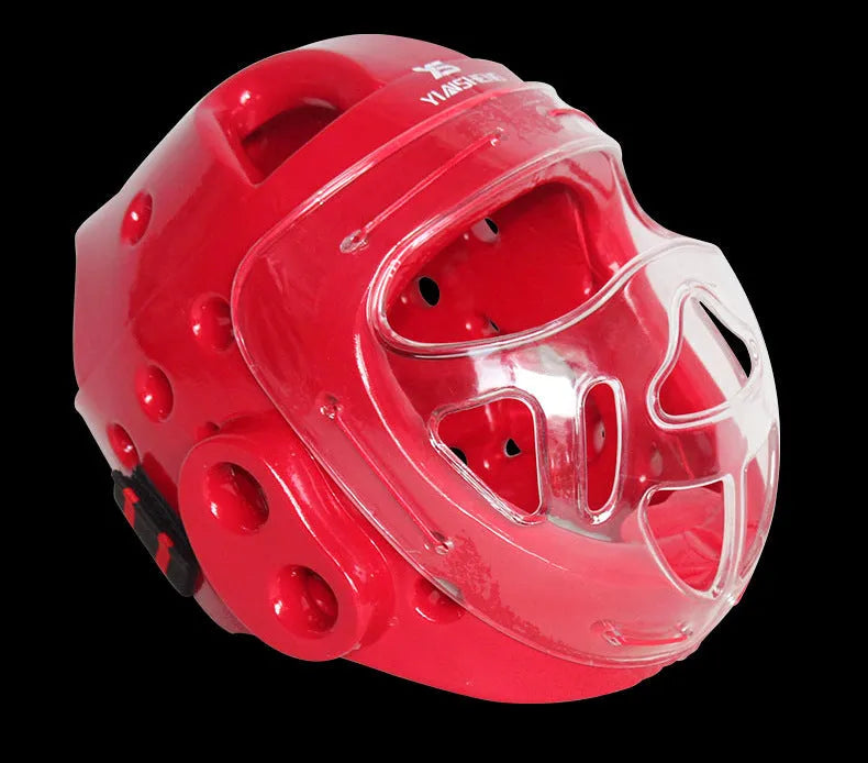Karate helmet protective equipment in white, blue, and red colours available in multiple sizes