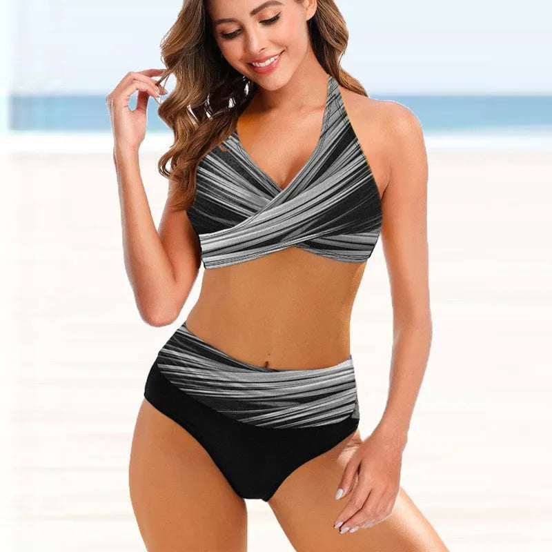 Women's striped tie-dye bikini with split hollow design and high-waisted briefs