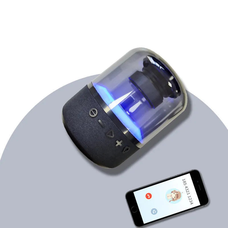Black wireless Bluetooth speaker with colour-changing halo lights and control buttons
