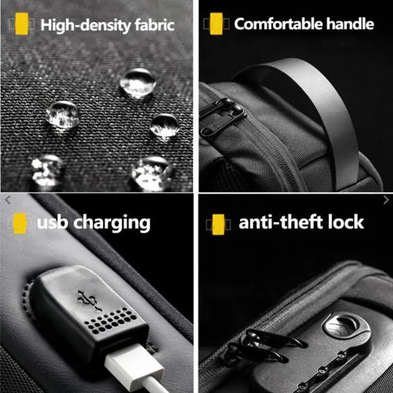 Men's waterproof Oxford crossbody shoulder bag with USB port showing internal compartments and anti-theft features