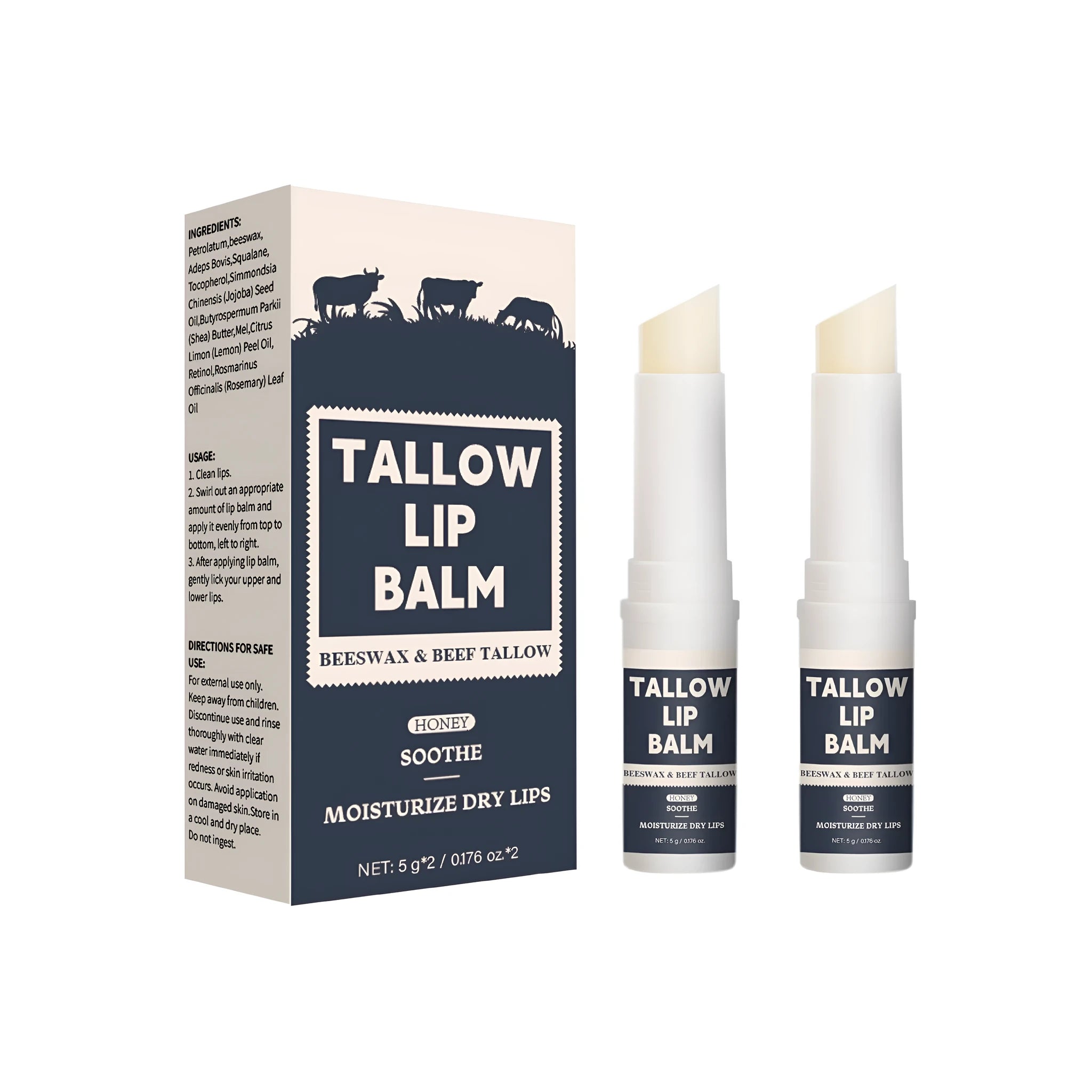 Two Light Grain Soft Full Lips beef fat lip balms in standard packaging