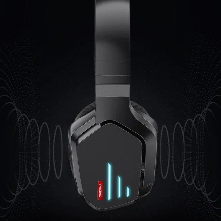 Luminous black head-mounted noise reduction wireless gaming headphones with stereo bass and 15-metre range