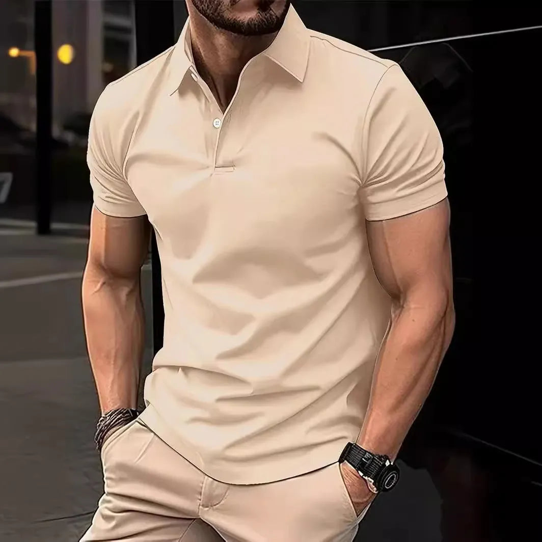 Men's slim fit short sleeve button-down casual shirt in a solid colour on a hanger