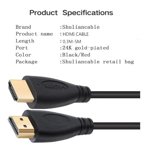 Gold-plated male HDMI cable on a white background, showing connector detail.