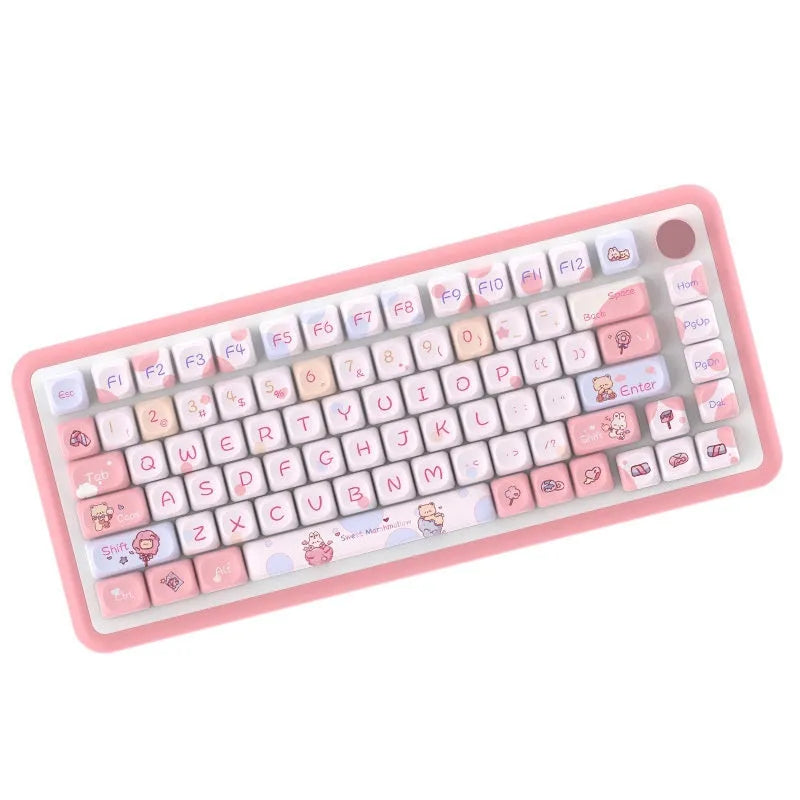 Sweet Cotton Candy coloured PBT keycap set for mechanical keyboards laid out in pink and blue pastel tones.