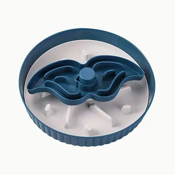Pet slow feeder bowl with rotating game board and textured silicone licking mat in assorted colours.