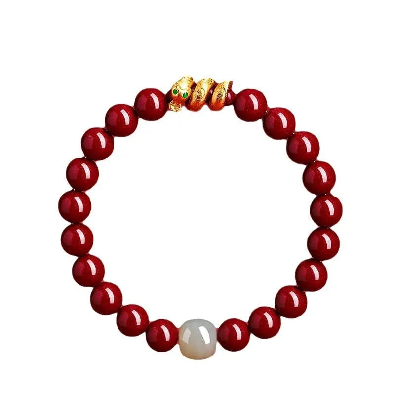 Handmade cinnabar snake zodiac bracelet with Chinese style design in 6mm or 8mm bead size