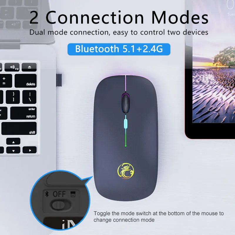 Black wireless mouse with silent buttons, Bluetooth logo, and charging port showing blue illumination