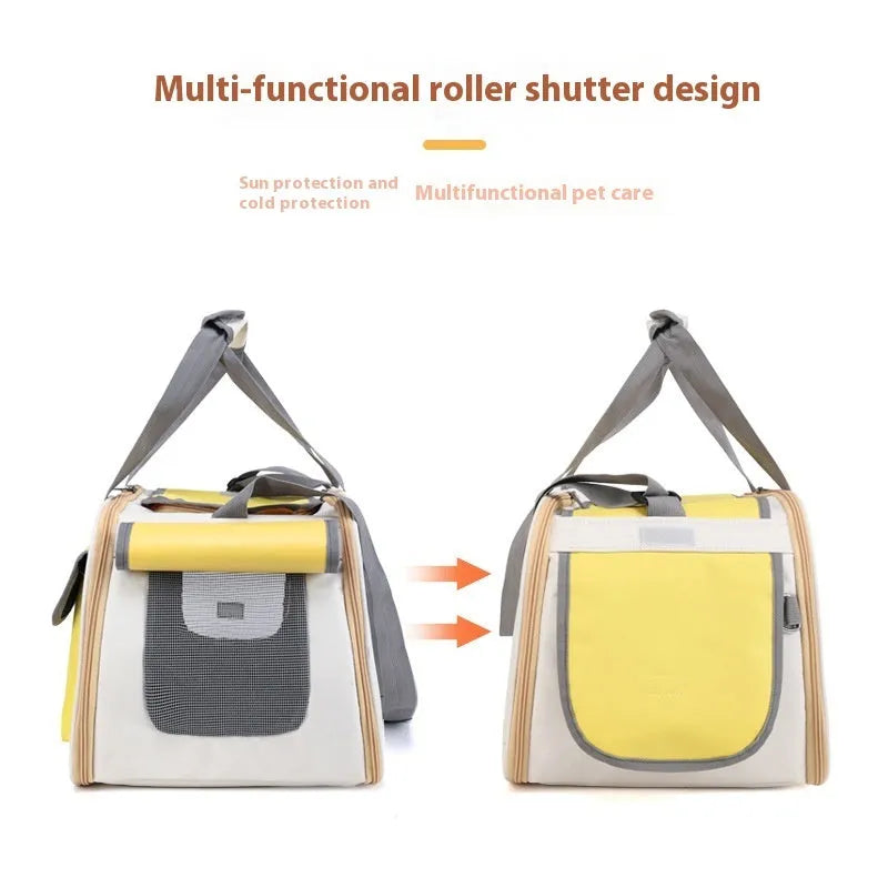 Yellow foldable canvas pet shoulder bag with large capacity and a single shoulder strap.