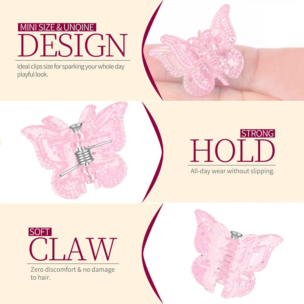 Glitter mini butterfly hair claw clips set of 50 in assorted colours, small size 0.6 inches, Y2K hair accessories