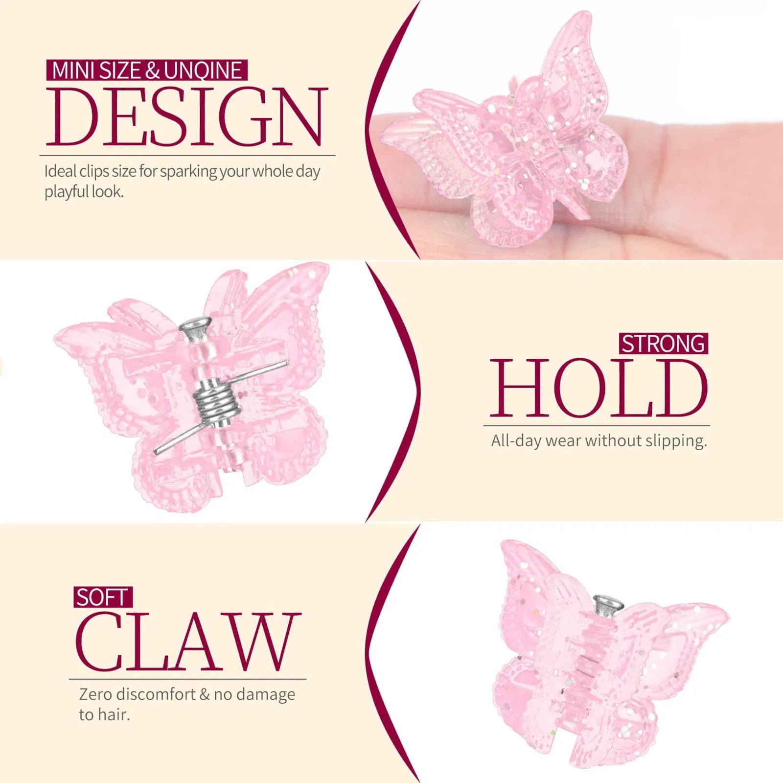 Glitter mini butterfly hair claw clips set of 50 in assorted colours, small size 0.6 inches, Y2K hair accessories