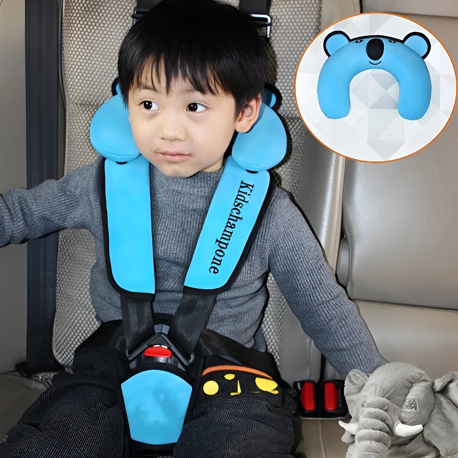 Portable child safety seat belt retainer in red, pink, or blue for children 12-36kg