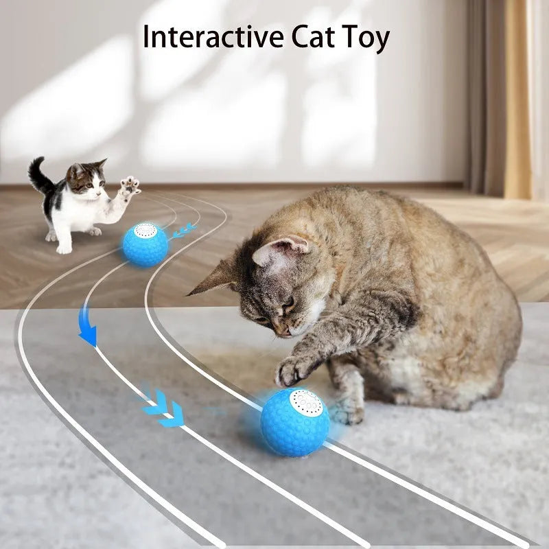 Blue remote control electronic cat toy ball rolling on a wooden floor.