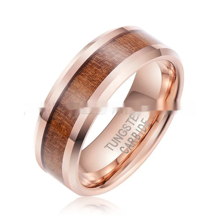 Men's 8mm wide tungsten ring with wood and leather inlay in rose gold or steel finish.