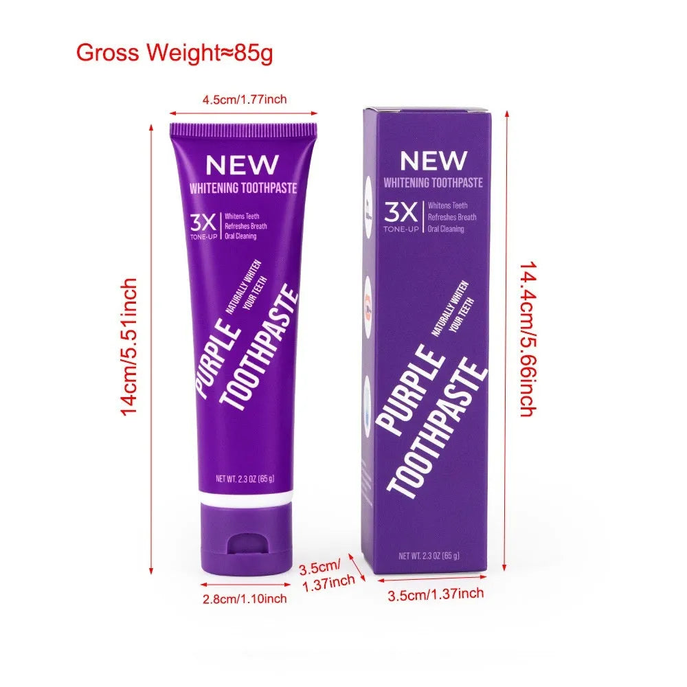 Purple whitening toothpaste tube for removing yellow stains from adult teeth, available in 120g and 65g sizes