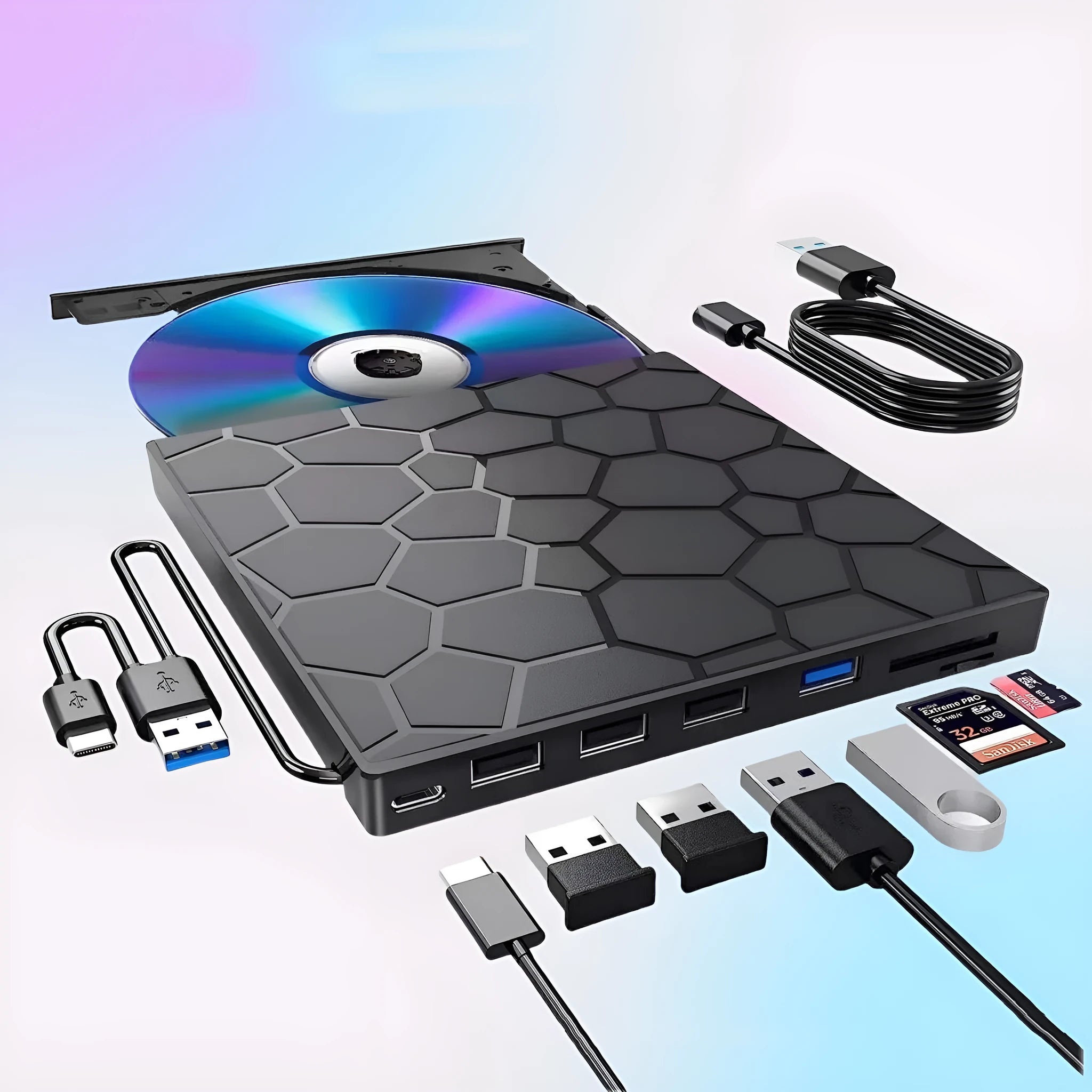 Black multifunctional external CD driver CD writer with USB cable on desk