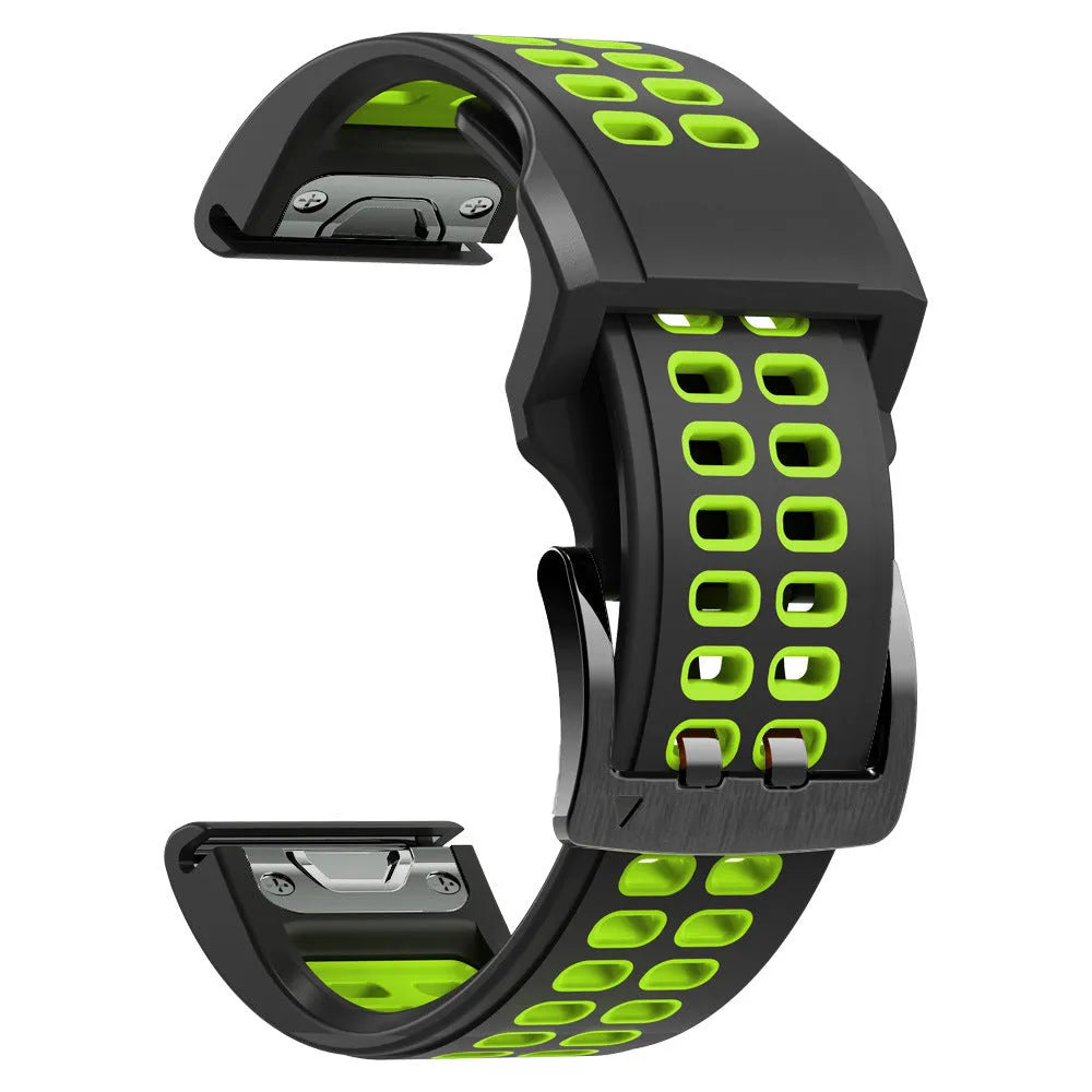 Quick release double-row hole two-colour silicone watch strap with pin buckle clasp.