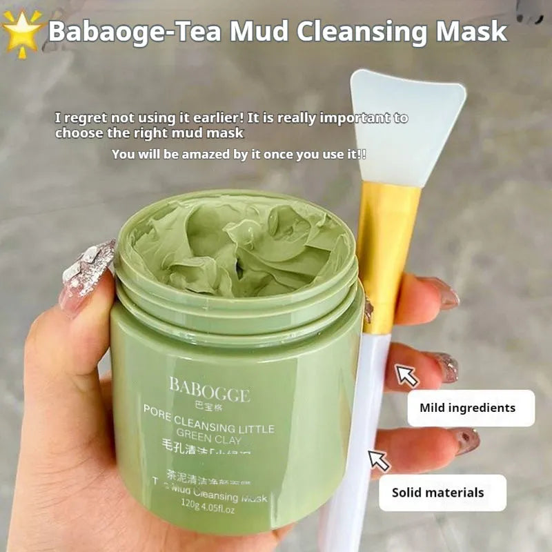 Tea mud cleansing clay facial mask in 120g jar with daub applicator