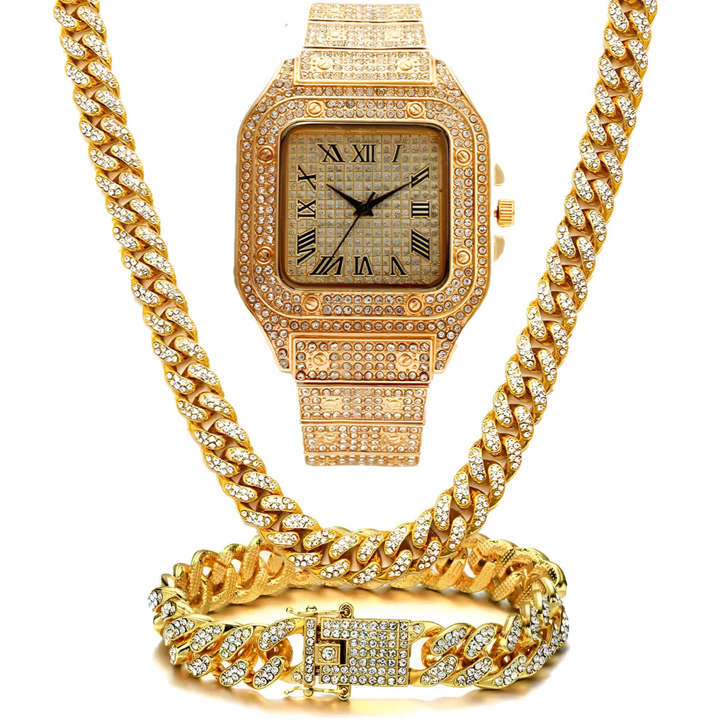 Roman grain graduation quartz watch set with square diamond studded dial and black mesh band