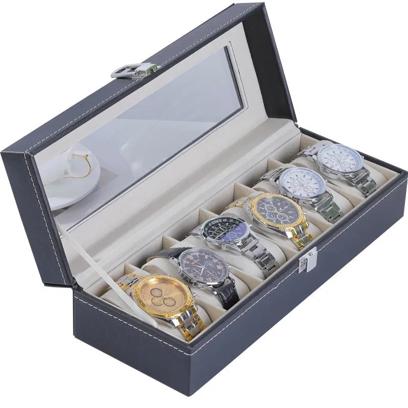 High-grade leather watch storage box in grey with dustproof see-through lid, 30x20x8cm
