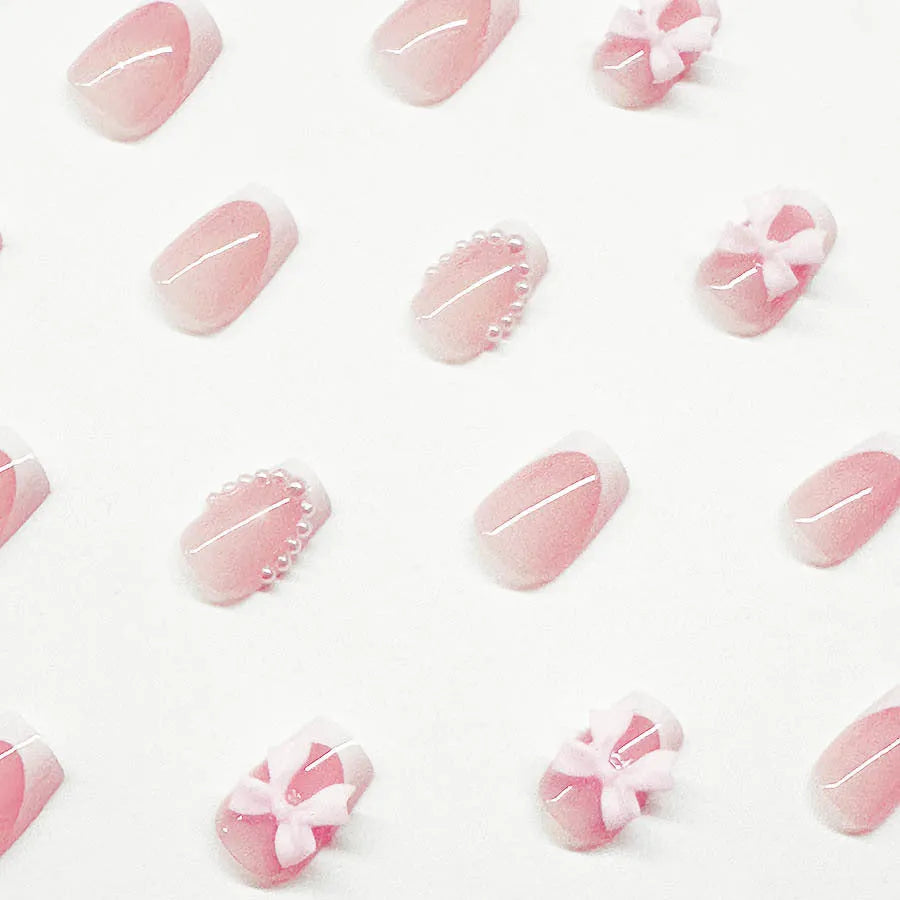 Short French manicure nail art set with bow patterns and S274 glue bottles