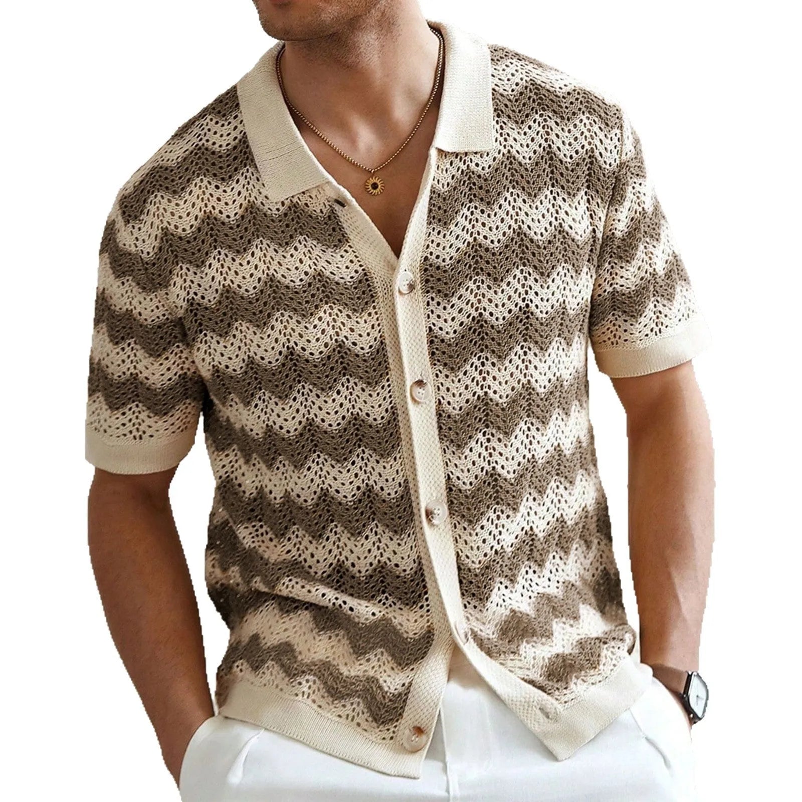 Yellow, blue, and brown short-sleeve sweater with hollow jacquard corrugated texture and flocking detail.
