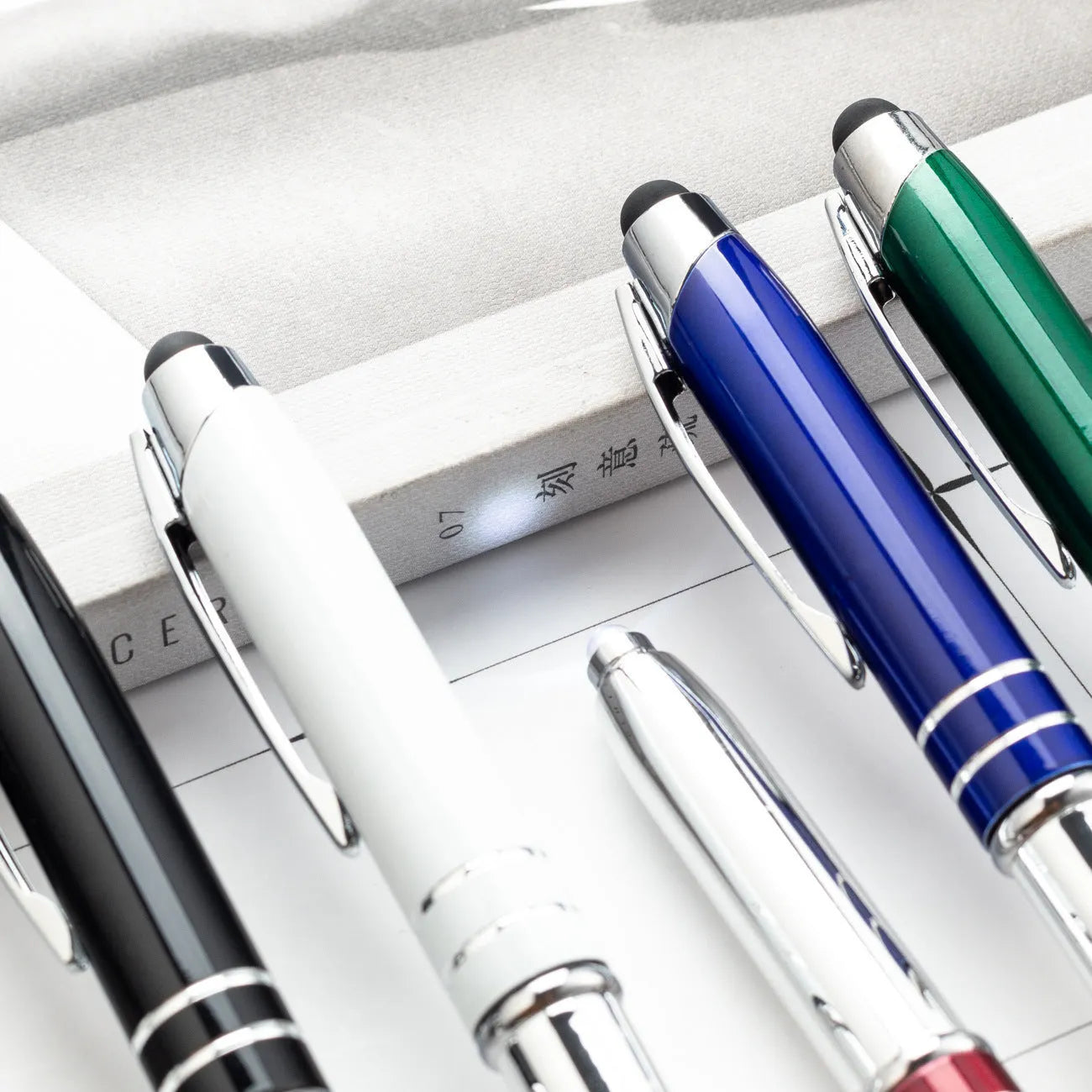 Metal capacitive stylus ballpoint pen with LED light in five colour options