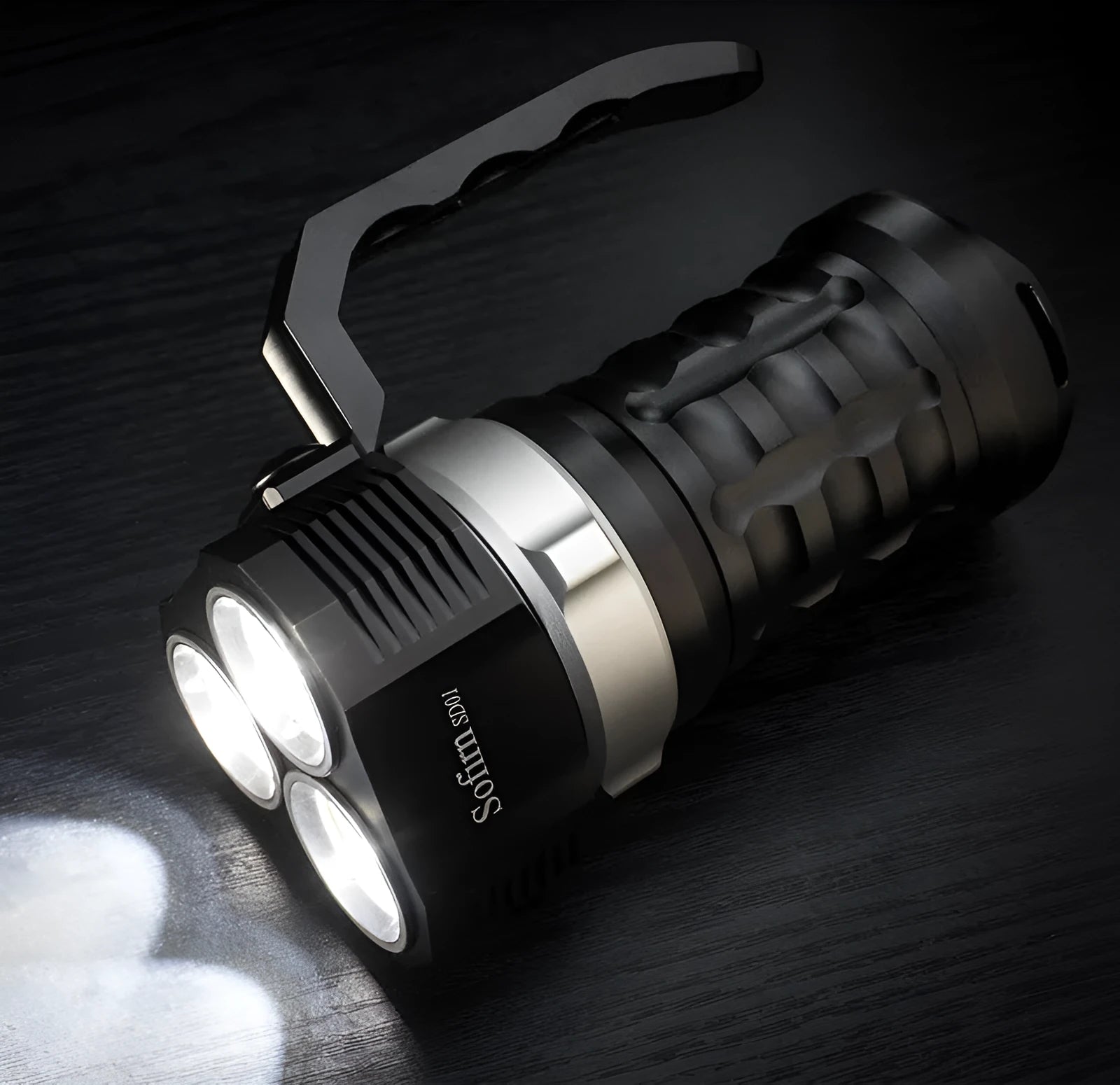 Aluminium alloy diving torch flashlight with 500m range and waterproof housing.