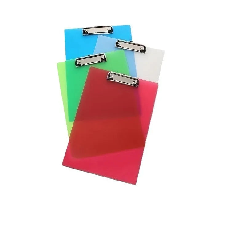 Transparent A4 writing board with metal clip holding papers, available in multiple colours