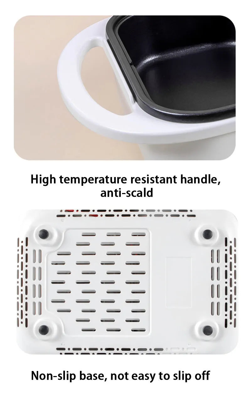 Green and white dual-use electric hot pot and frying oven appliance on a kitchen counter.