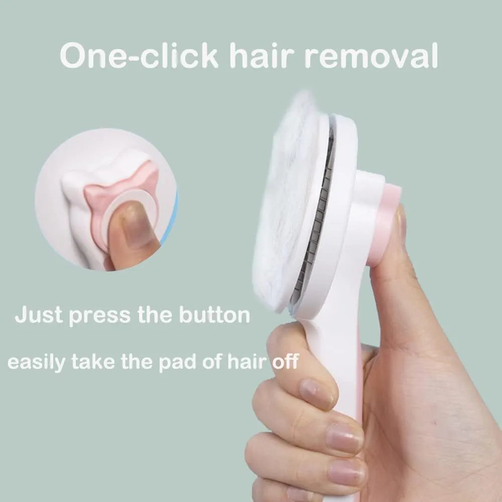 Blue self-cleaning pet grooming brush with round-tipped metal pins and a rubber handle.
