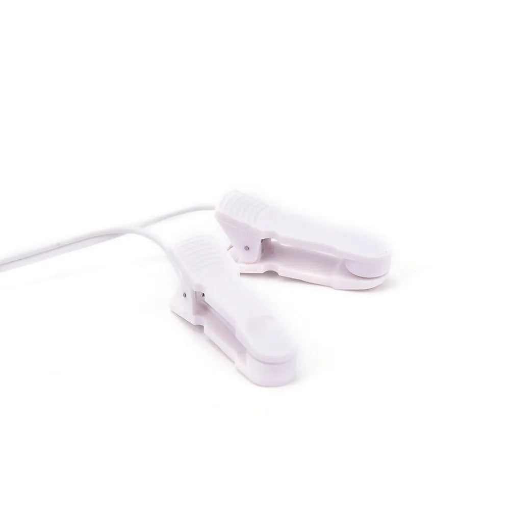 White massage ear clip with 3.5mm electrode wire for TENS machine, two clips included, handheld control