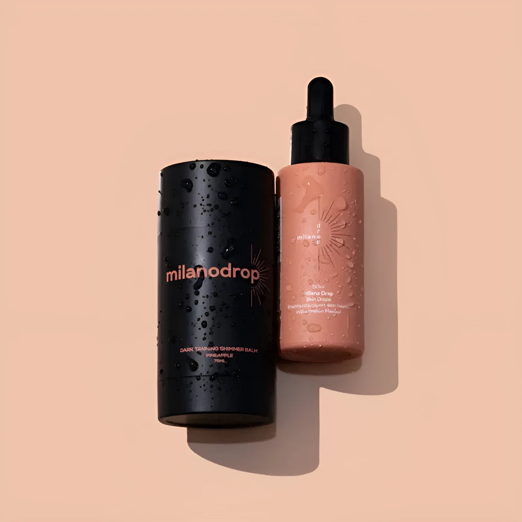 Matte sun tanning liquid and cream set with 50ml drops and 75ml cream containers