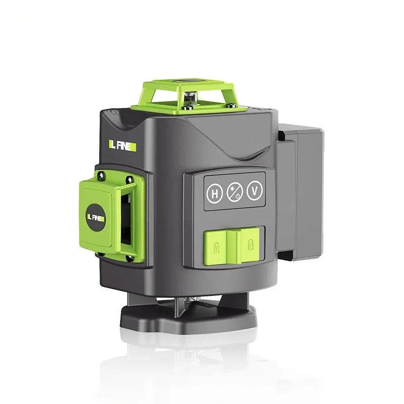 Green 16-line laser level tool with aluminium housing inside its nylon carry case.