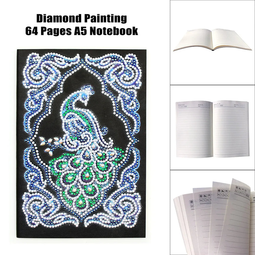 Black A5 peacock diamond painting notebook kit with shaped and bright drill crystals