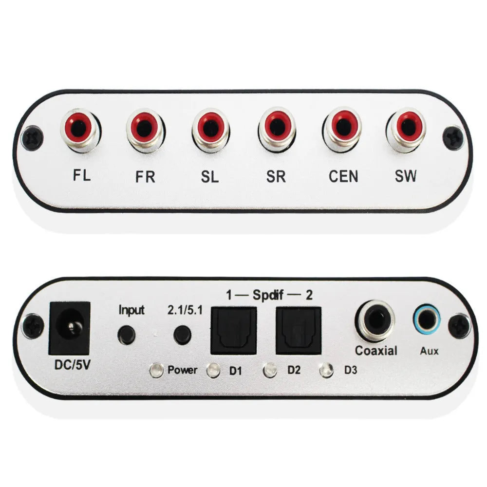 DTS digital to analog audio decoder with optical and coaxial inputs for 5.1 channel output