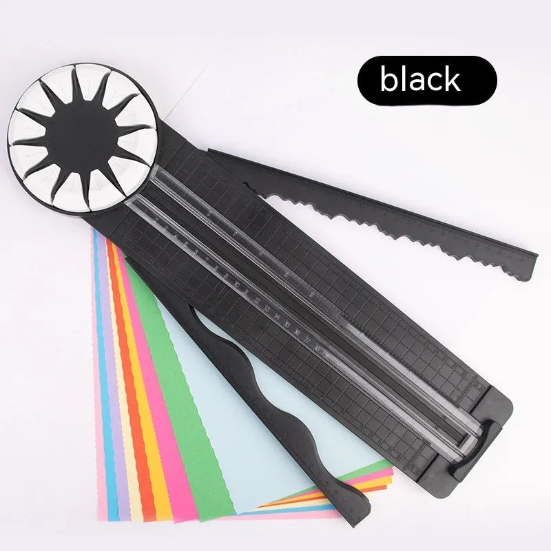 Pink and black plastic paper cutting machine with dotted guides and 12 cutting functions