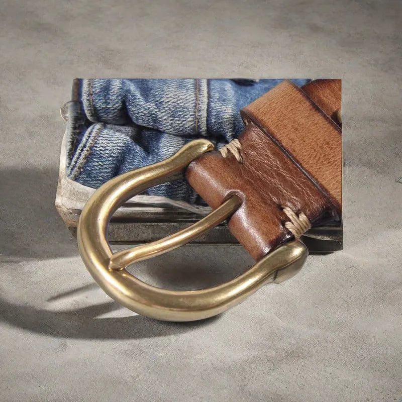 Men's casual cattlehide leather belt with copper pin buckle in black, brown, or khaki
