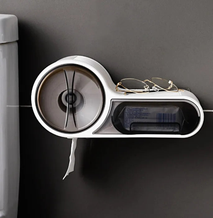 White plastic toilet roll holder with streamline curve and non-slip place, no-punching installation